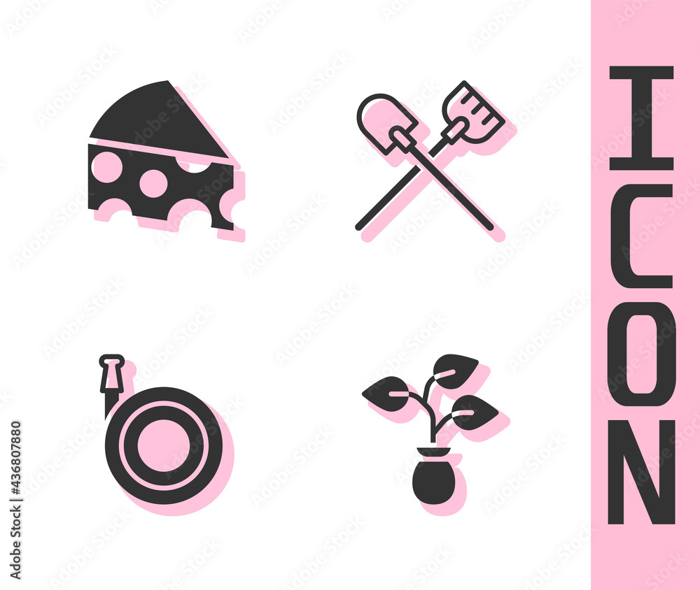 Set Plant, Cheese, Garden hose and Shovel icon. Vector