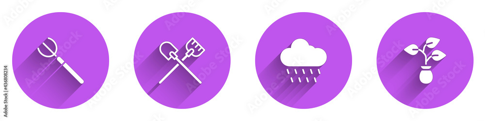 Set Garden pitchfork, Shovel, Cloud with rain and Plant icon with long shadow. Vector