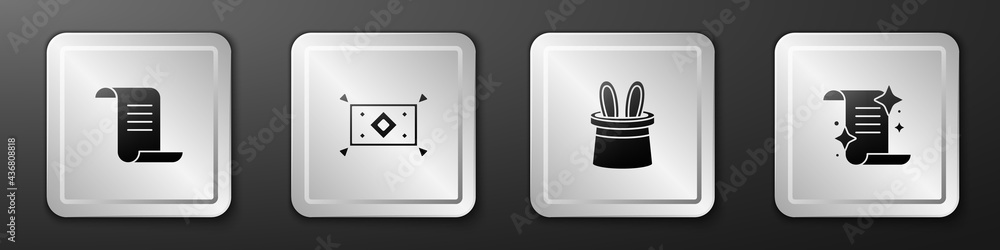 Set Ancient magic book, Magic carpet, Magician hat and rabbit ears and icon. Silver square button. V