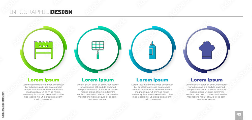 设置烧烤火盆、烧烤钢格栅、酱汁瓶和厨师帽。商业信息图模板。Vect