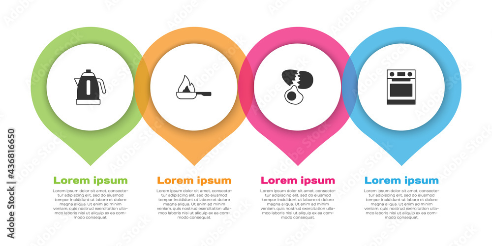 设置电热水壶、煎锅、鸡蛋和烤箱。商业信息图模板。矢量