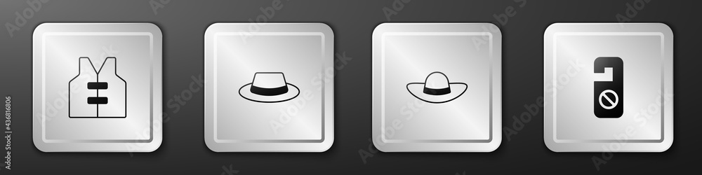 Set Life jacket, Man hat with ribbon, Elegant women and Please do not disturb icon. Silver square bu