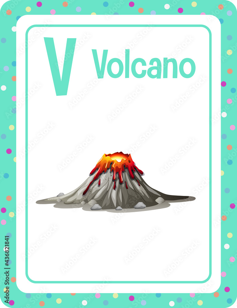 Alphabet flashcard with letter V for Volcano