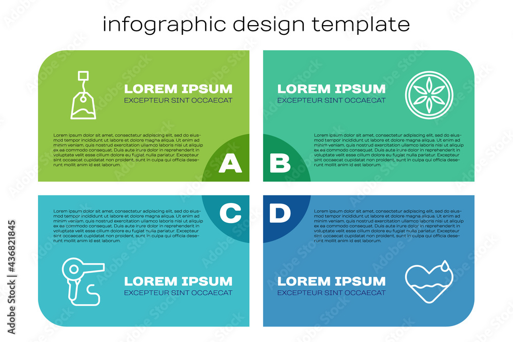 套装吹风机、茶包、Heart heal和Leaf plant nature。商业信息图模板。Vecto