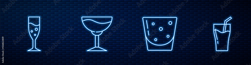 Set line Glass of rum, champagne, Wine glass and juice. Glowing neon icon on brick wall. Vector