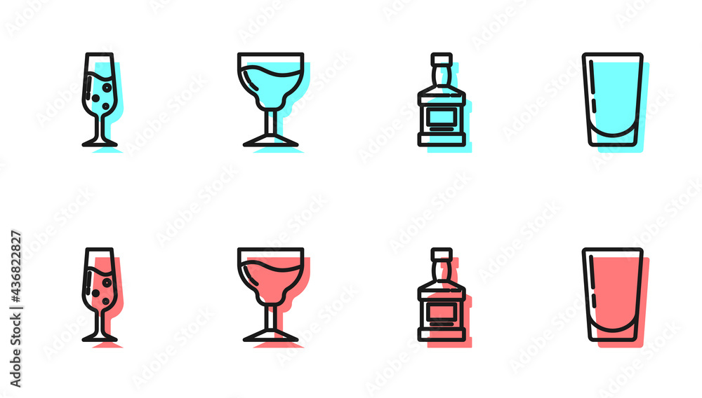 Set line Whiskey bottle, Glass of champagne, Wine glass and with water icon. Vector