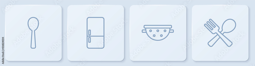 套装勺子，厨房漏勺，冰箱和交叉叉勺。白色方形按钮。矢量