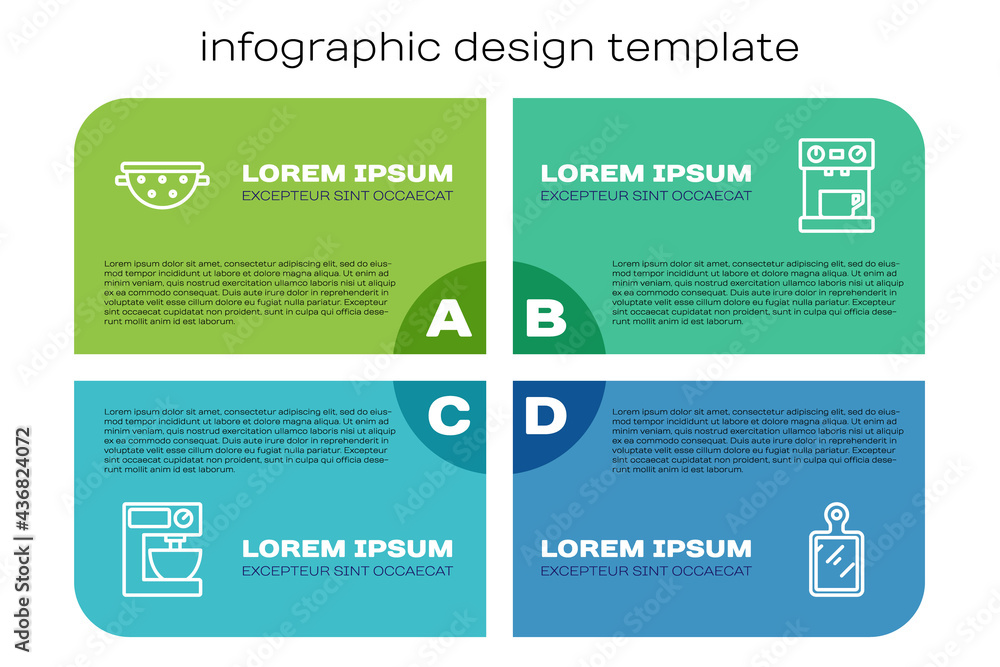 Set line Electric mixer, Kitchen colander, Cutting board and Coffee machine. Business infographic te