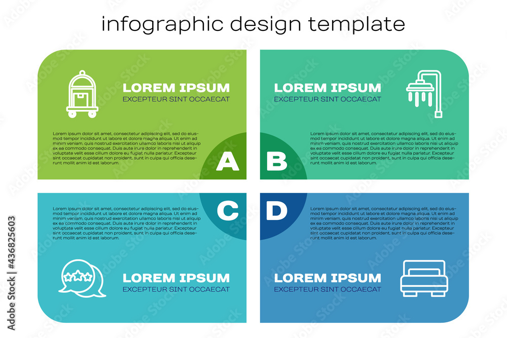Set line五星评级评论，手提箱，酒店客房床和淋浴器。商业信息图模板