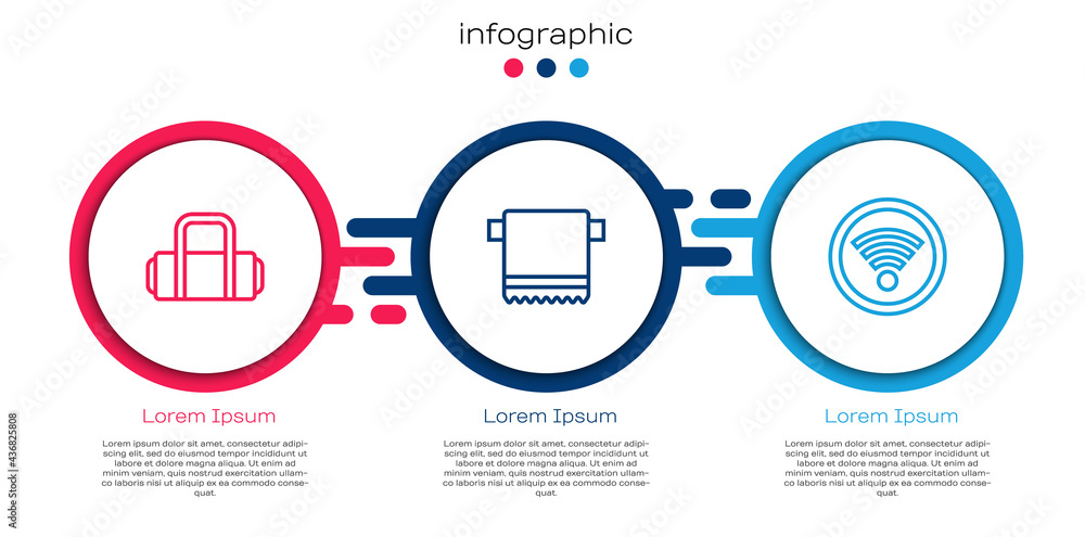 套装手提箱、挂毛巾和Wi-Fi无线。商业信息图模板。矢量