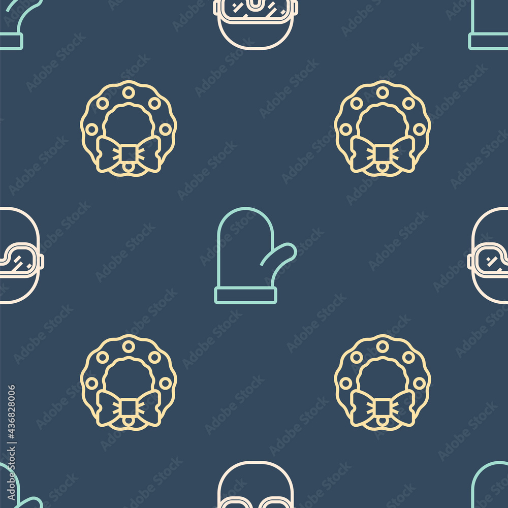 Set line Ski goggles, Christmas wreath and mitten on seamless pattern. Vector