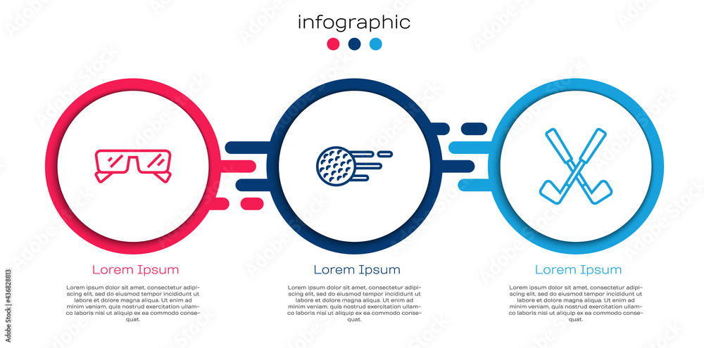 套装眼镜、高尔夫球和交叉高尔夫球杆。商业信息图模板。矢量