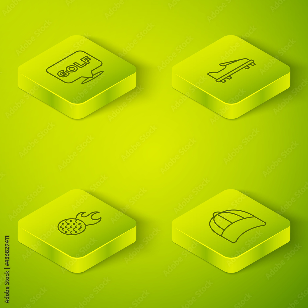 Set Isometric line Golf shoe, ball, Baseball cap and label icon. Vector