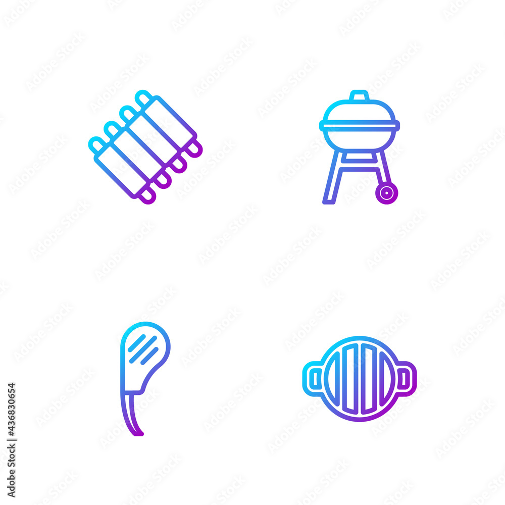 Set line Barbecue grill, Rib eye steak, Grilled pork bbq ribs and . Gradient color icons. Vector