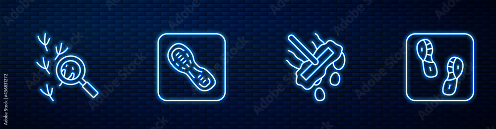 Set line Mop, Bird footprint, Human footprints shoes and . Glowing neon icon on brick wall. Vector