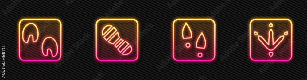 Set line Human footprints shoes, Horse paw, and Chicken. Glowing neon icon. Vector