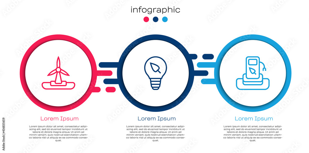 设置线路风力涡轮机、带叶片的灯泡和加油站。商业信息图模板