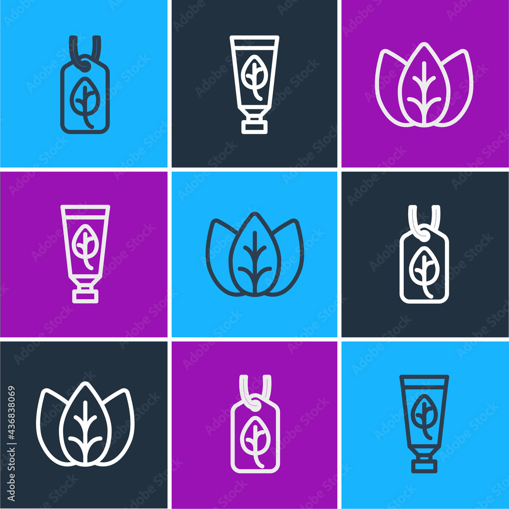 Set line Vegan food diet, Leaf or leaves and Organic cosmetic icon. Vector