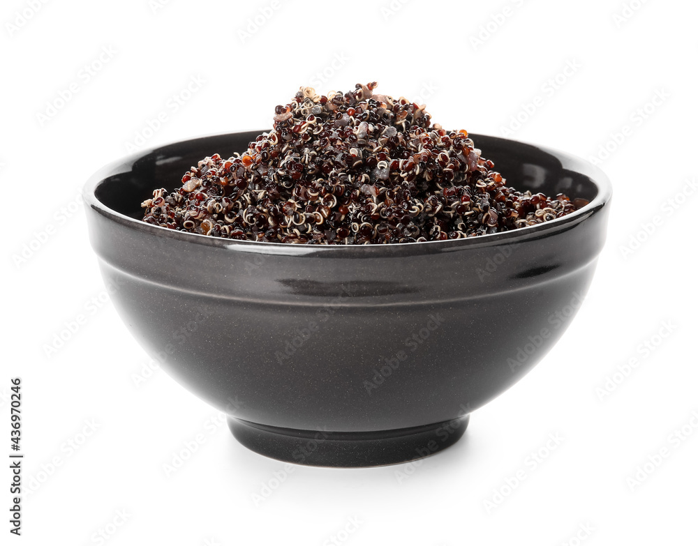 Bowl with tasty quinoa on white background