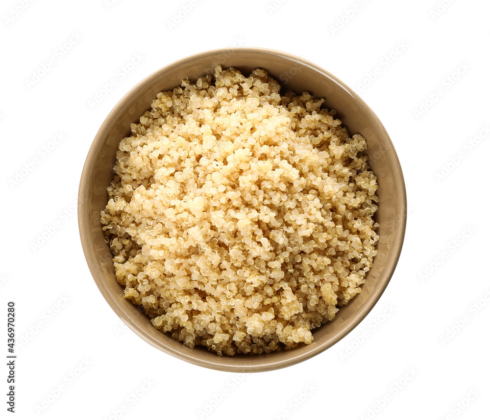 Bowl with tasty quinoa on white background