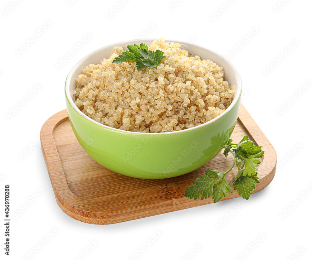 Bowl with tasty quinoa on white background