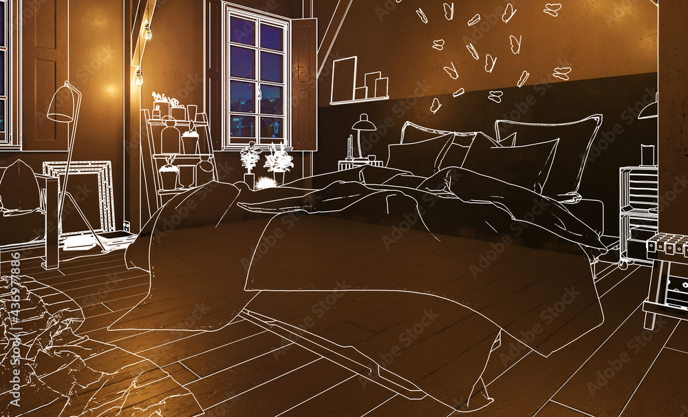 Truss Bedroom with Pallet Furniture by Night (draft) - 3d visualization