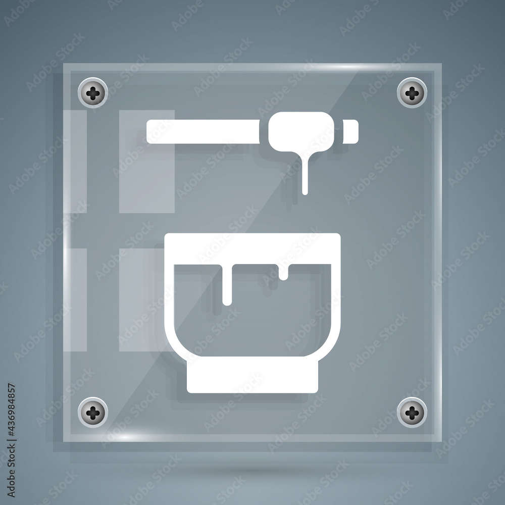 White Honey dipper stick and bowl icon isolated on grey background. Honey ladle. Square glass panels