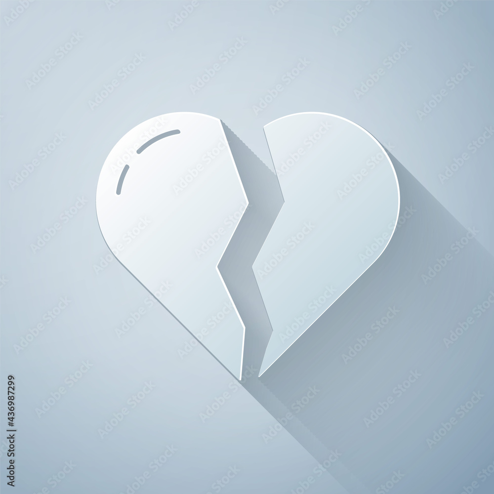 Paper cut Broken heart or divorce icon isolated on grey background. Love symbol. Valentines day. Pap