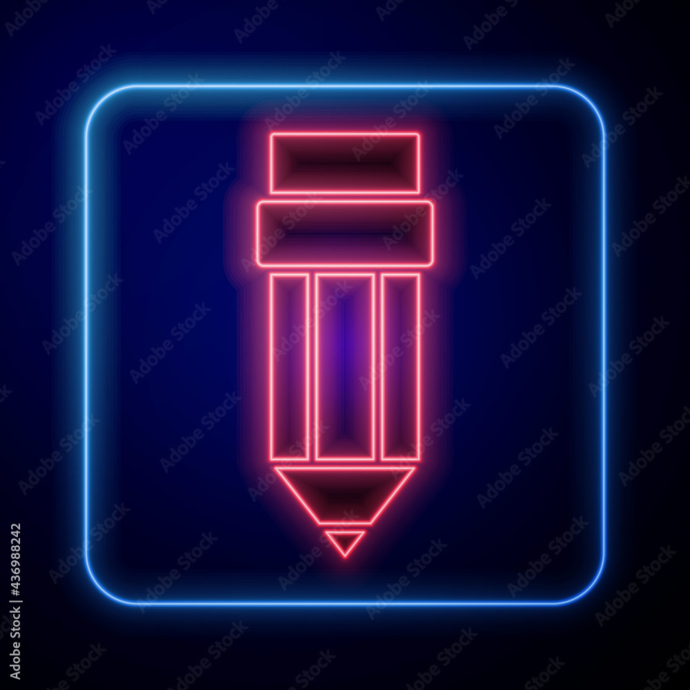 Glowing neon Pencil with eraser icon isolated on blue background. Drawing and educational tools. Sch