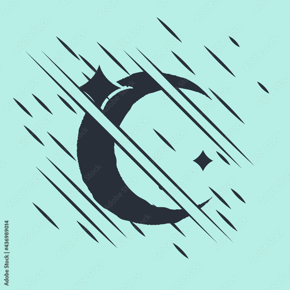 Black Moon and stars icon isolated on green background. Glitch style. Vector