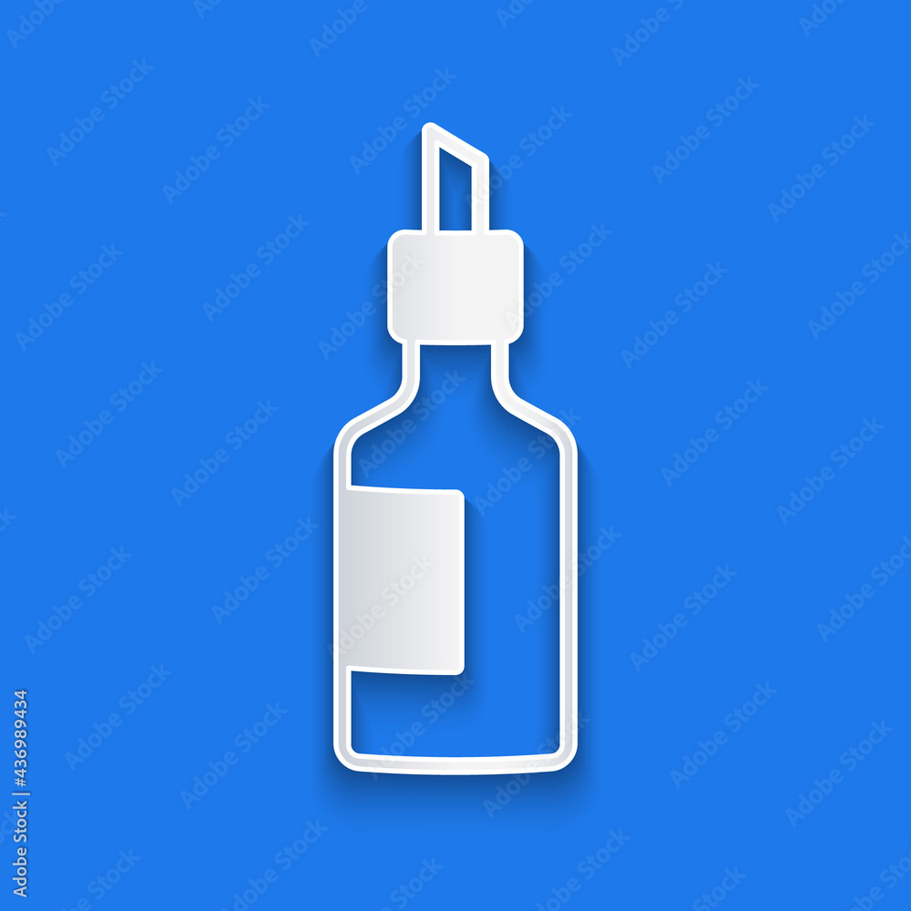 Paper cut Bottle of olive oil icon isolated on blue background. Jug with olive oil icon. Paper art s