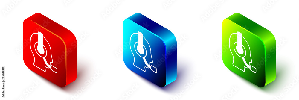 Isometric Man with a headset icon isolated on white background. Support operator in touch. Concept f