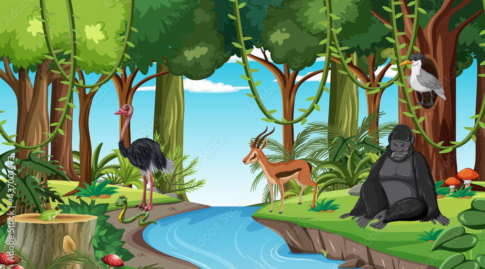 Forest scene with different wild animals