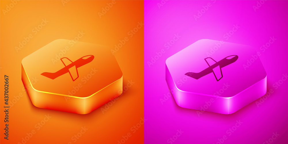 Isometric Plane icon isolated on orange and pink background. Flying airplane icon. Airliner sign. He