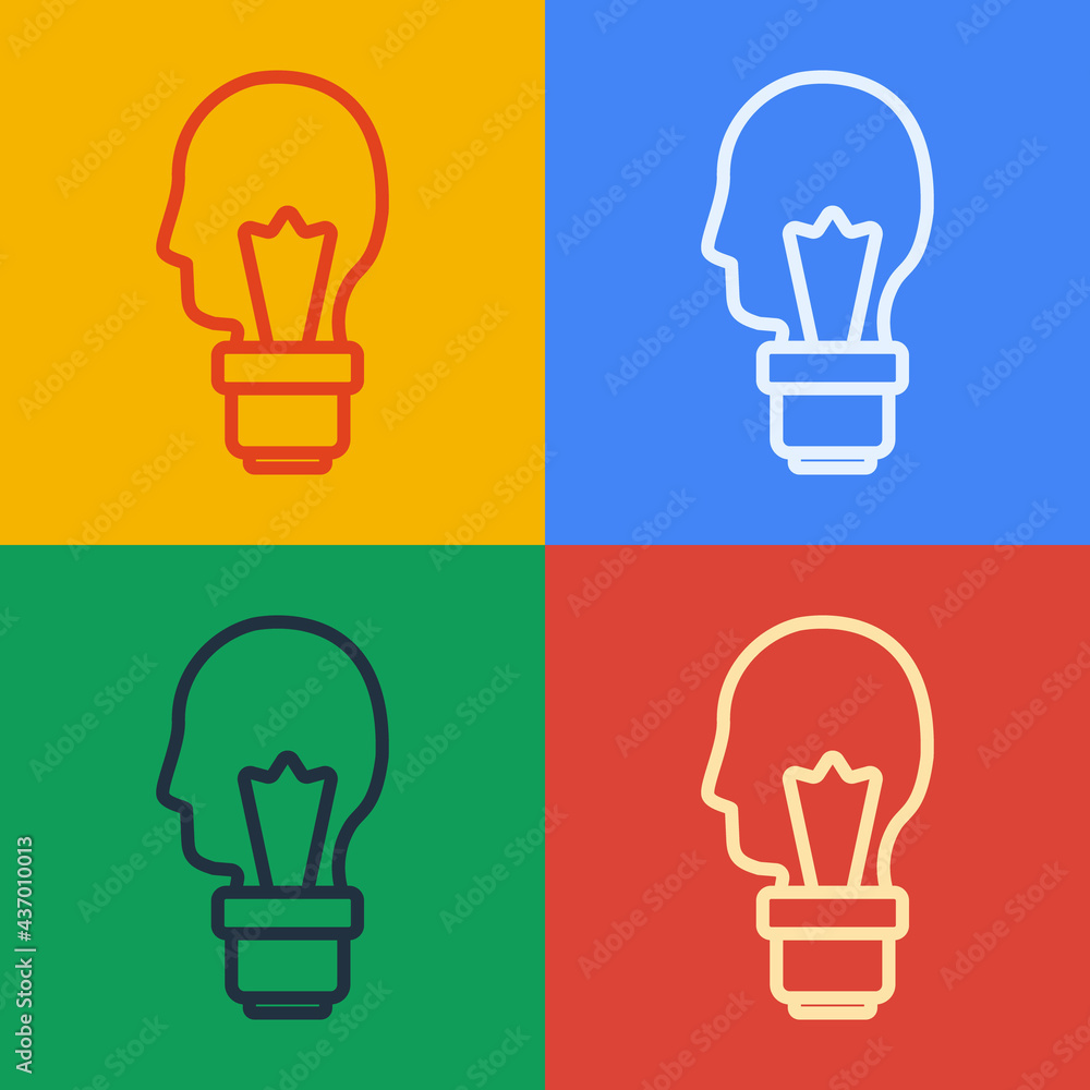 Pop art line Light bulb with concept of idea icon isolated on color background. Energy and idea symb