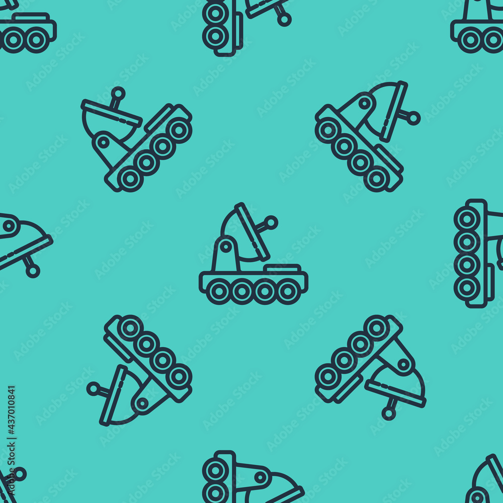 Black line Mars rover icon isolated seamless pattern on green background. Space rover. Moonwalker si