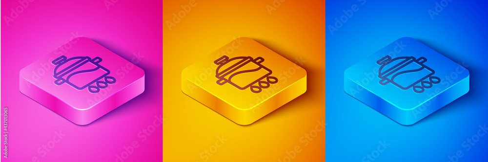 Isometric line Cooking pot icon isolated on pink and orange, blue background. Boil or stew food symb