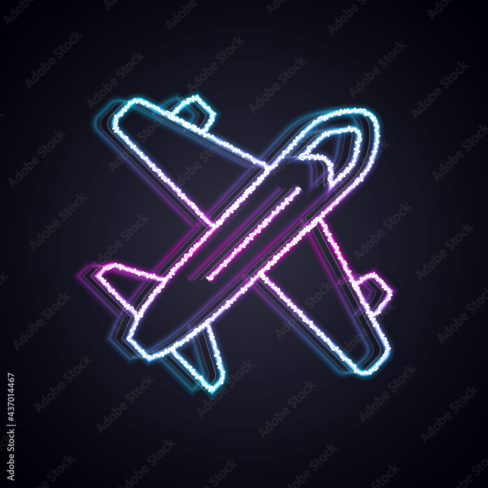 Glowing neon line Plane icon isolated on black background. Flying airplane icon. Airliner sign. Vect