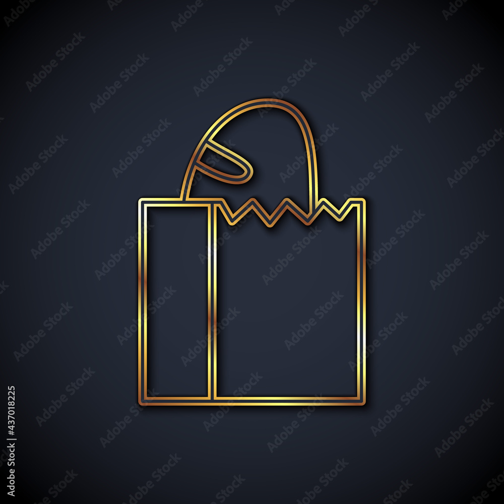 Gold line Paper bag with bread loaf icon isolated on black background. Vector