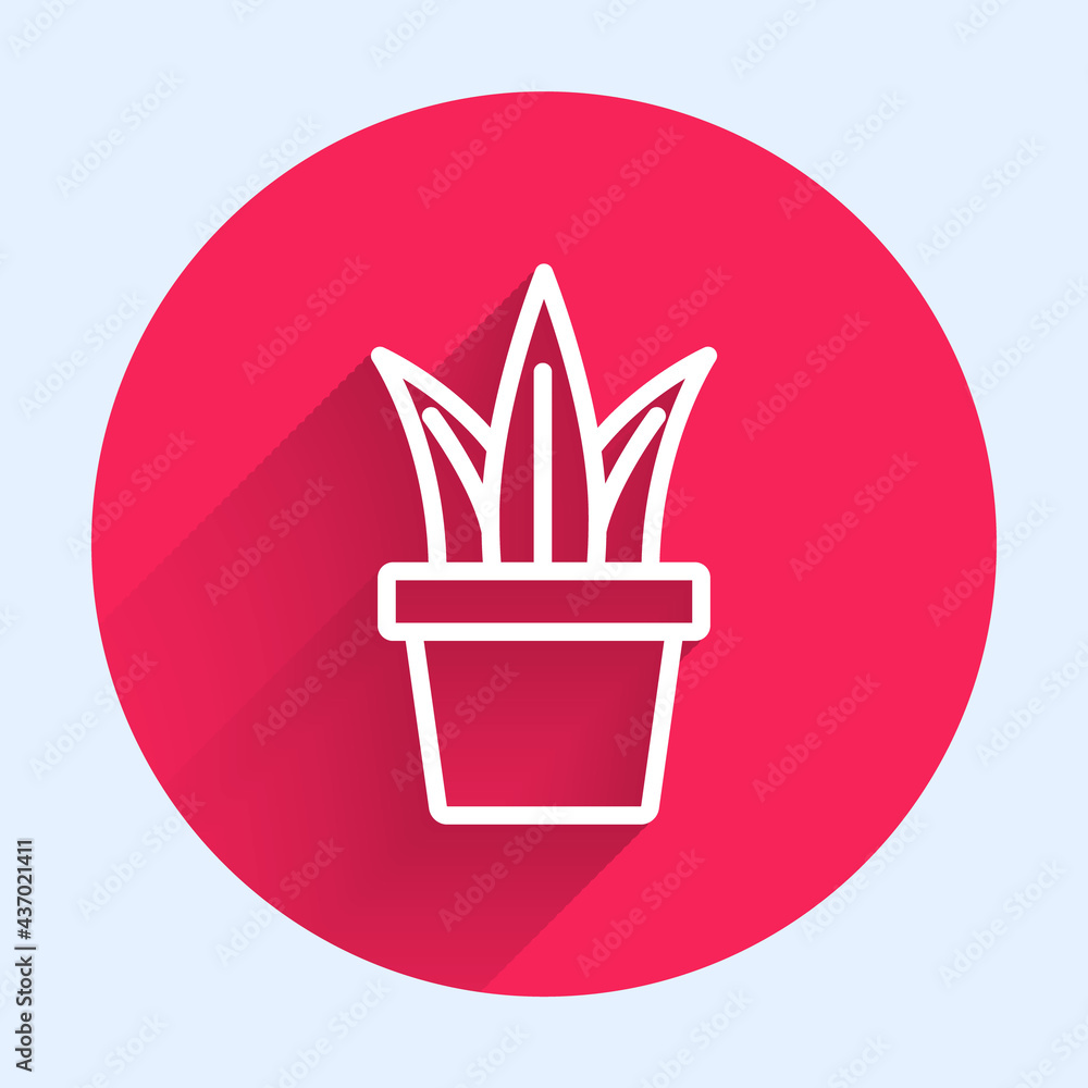 White line Plant in pot icon isolated with long shadow. Plant growing in a pot. Potted plant sign. R