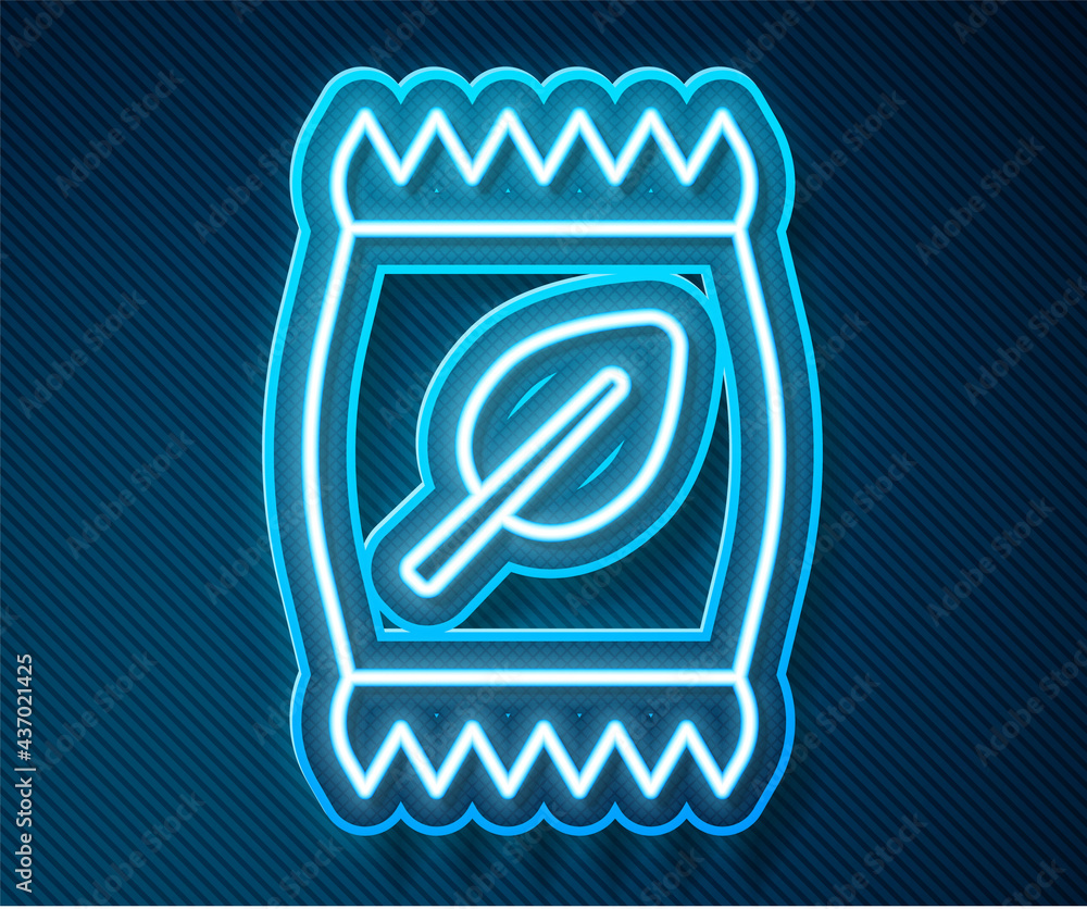 Glowing neon line Fertilizer bag icon isolated on blue background. Vector