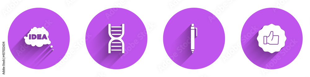 设置创意、语音气泡、DNA符号、带长阴影的笔和手拇指向上图标。矢量
