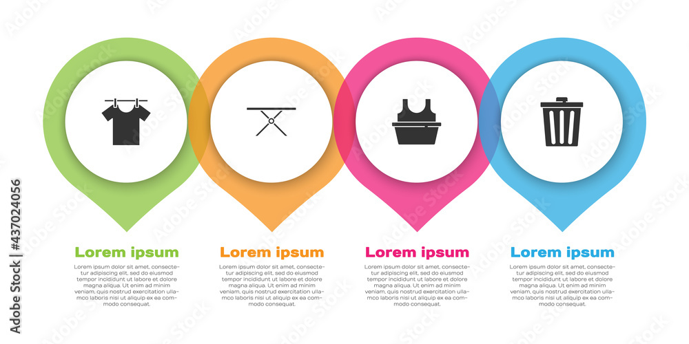 套装烘干衣物、熨衣板、带衬衫的洗手盆和垃圾桶。商业信息图模板。Ve