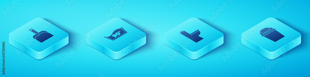 Set Isometric Dustpan, Temperature wash, Trash can and Toilet bowl icon. Vector