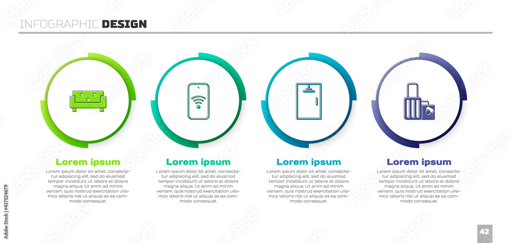 套装沙发，带无线网络的移动设备，淋浴间和手提箱。商务信息图模板。Vect