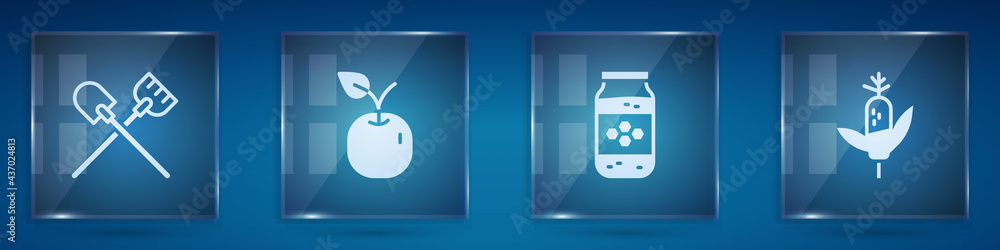 Set Shovel, Apple, Jar of honey and Corn. Square glass panels. Vector