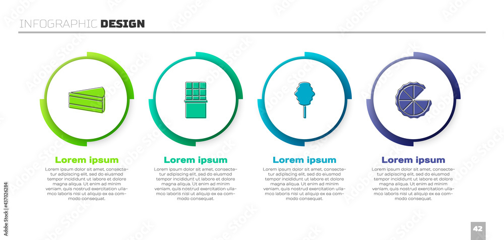 套装蛋糕、巧克力棒、棉花糖和自制馅饼。商业信息图模板。Vect