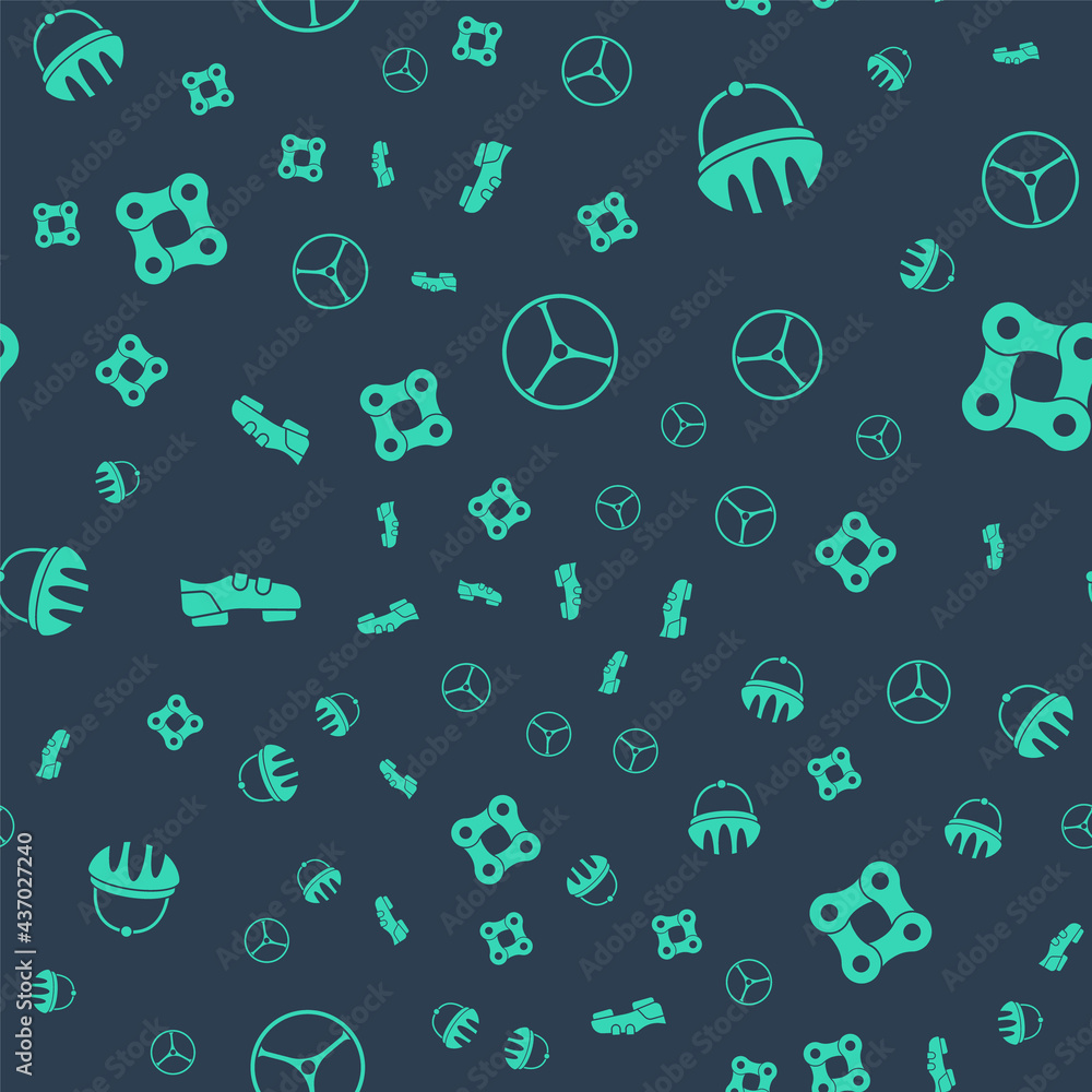 Set Bicycle wheel, helmet, shoes and chain on seamless pattern. Vector