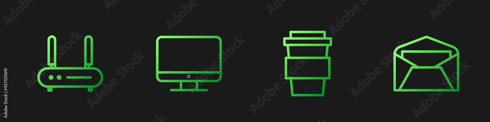 设置线路咖啡杯，路由器和无线网络信号，计算机监视器屏幕和信封。梯度c