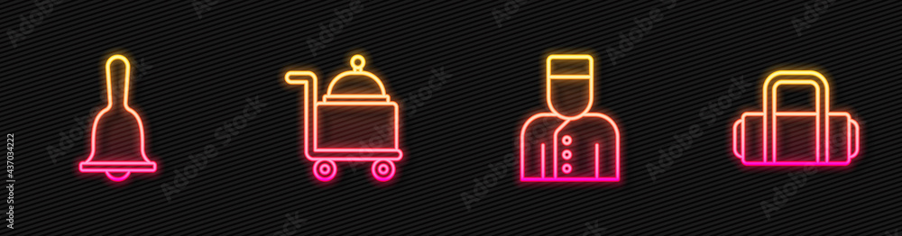 Set line Concierge, Hotel service bell, Covered with tray and Suitcase. Glowing neon icon. Vector